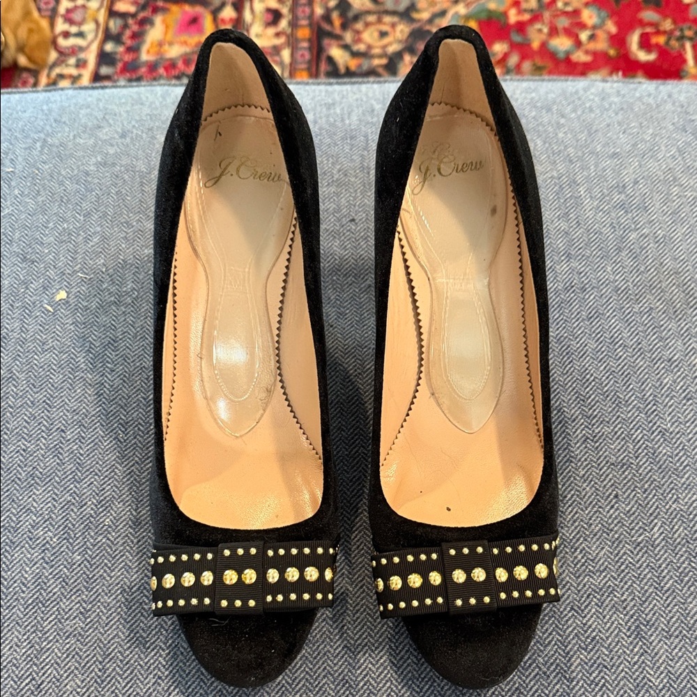 J. Crew Black Suede Studded Bow Heels